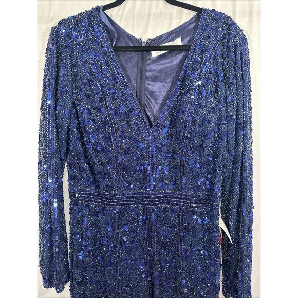 NWT Mac Duggal [ 12 ] Embellished Front Slit Long Sleeve Gown 5002 in Blue #J154 - Picture 12 of 16